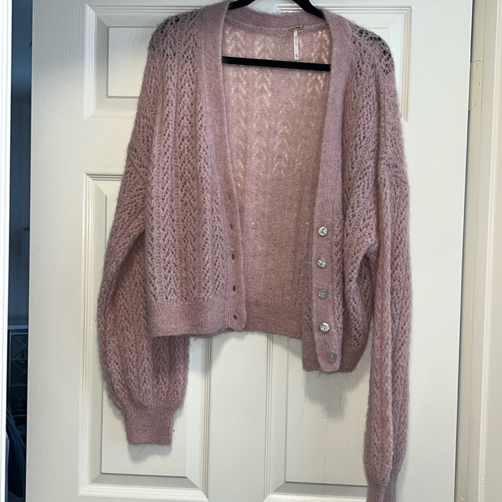 Free People Dusty Pink Open Knit Mohair Blend Cardigan